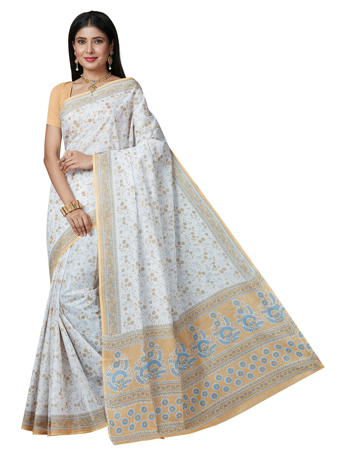 SHANVIKA White & Yellow Floral Pure Cotton  Saree