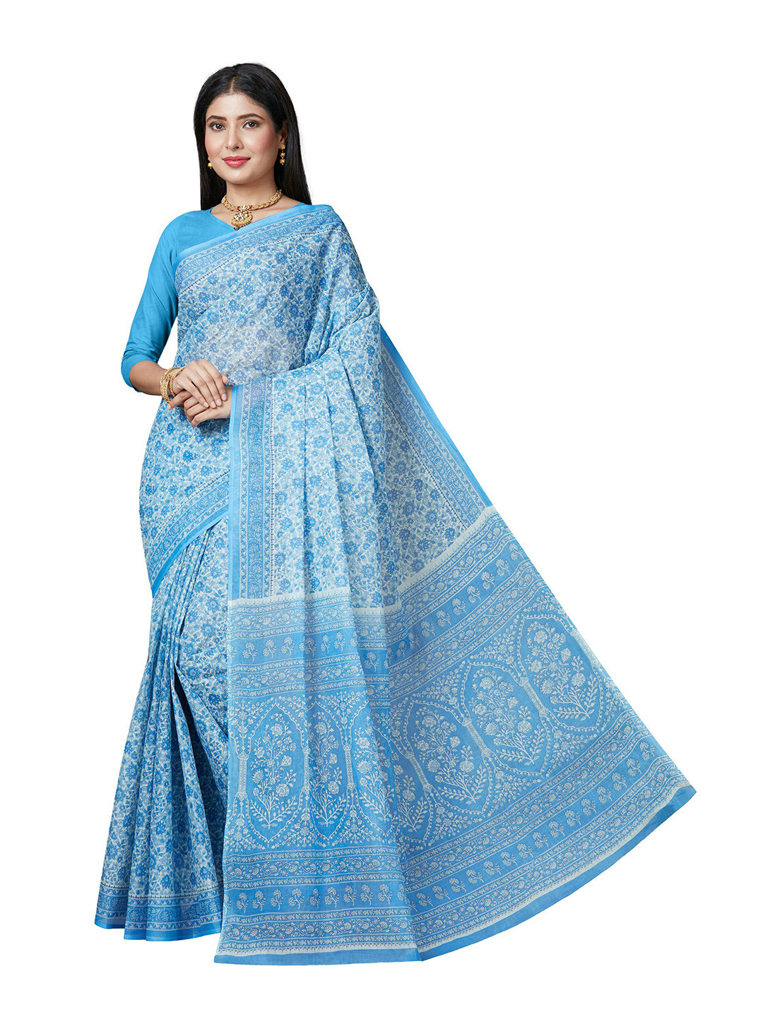 SHANVIKA Blue & White Floral Pure Cotton  Block Print Saree