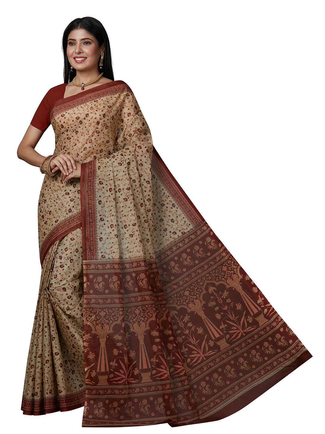 SHANVIKA Beige & Rust Floral Pure Cotton  Block Print Saree