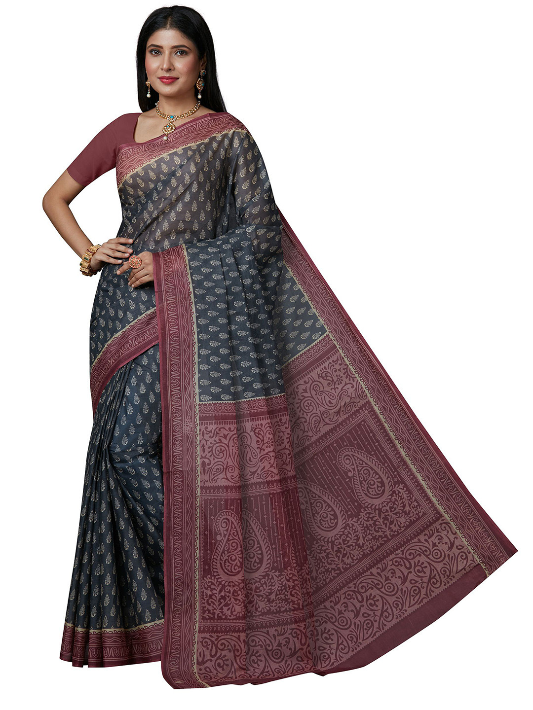 SHANVIKA Navy Blue & Rust Ethnic Motifs Pure Cotton  Block Print Saree