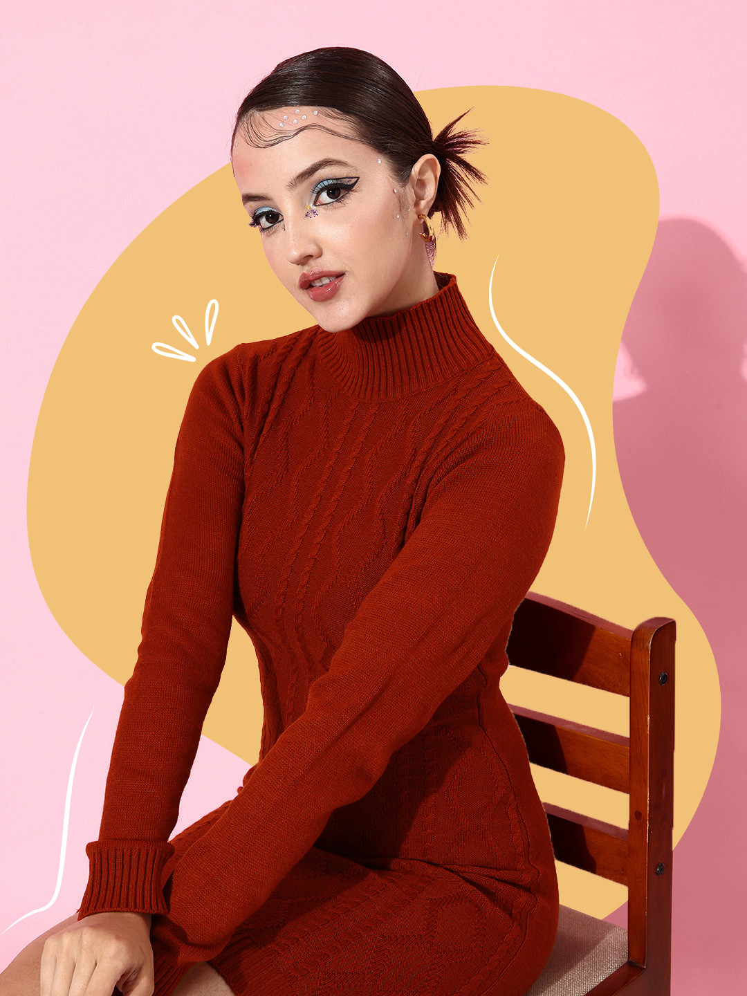 DressBerry Women Rust Striped Knits Bits Sweater Dress