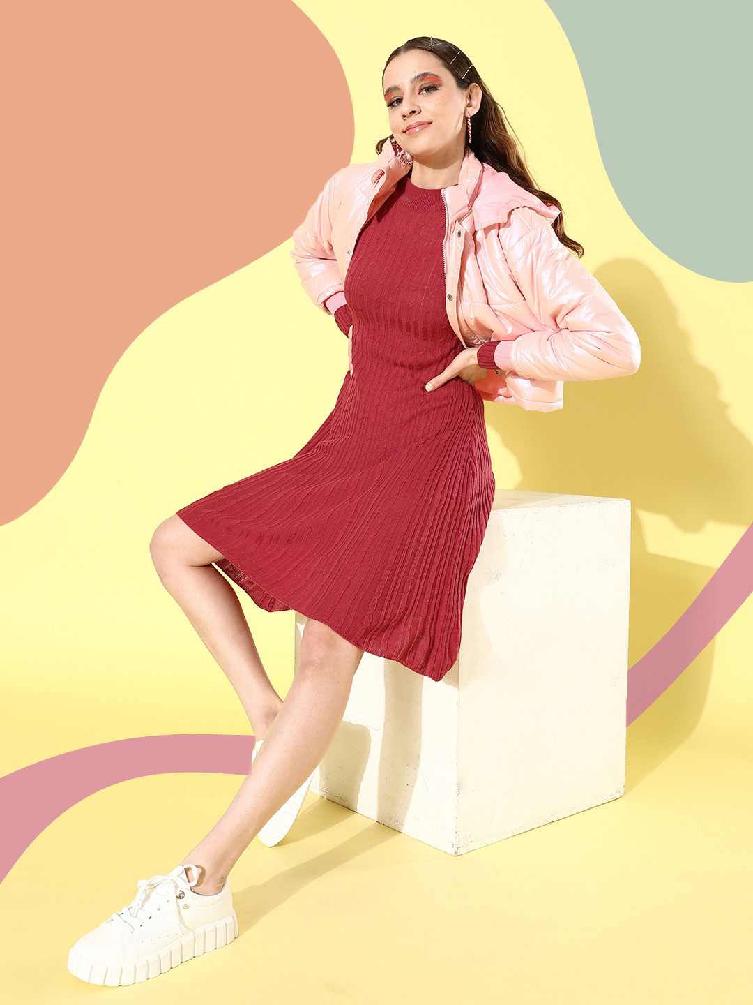 Dressberry Self Design Cable Knit Round Neck Long Sleeves Jumper Dress