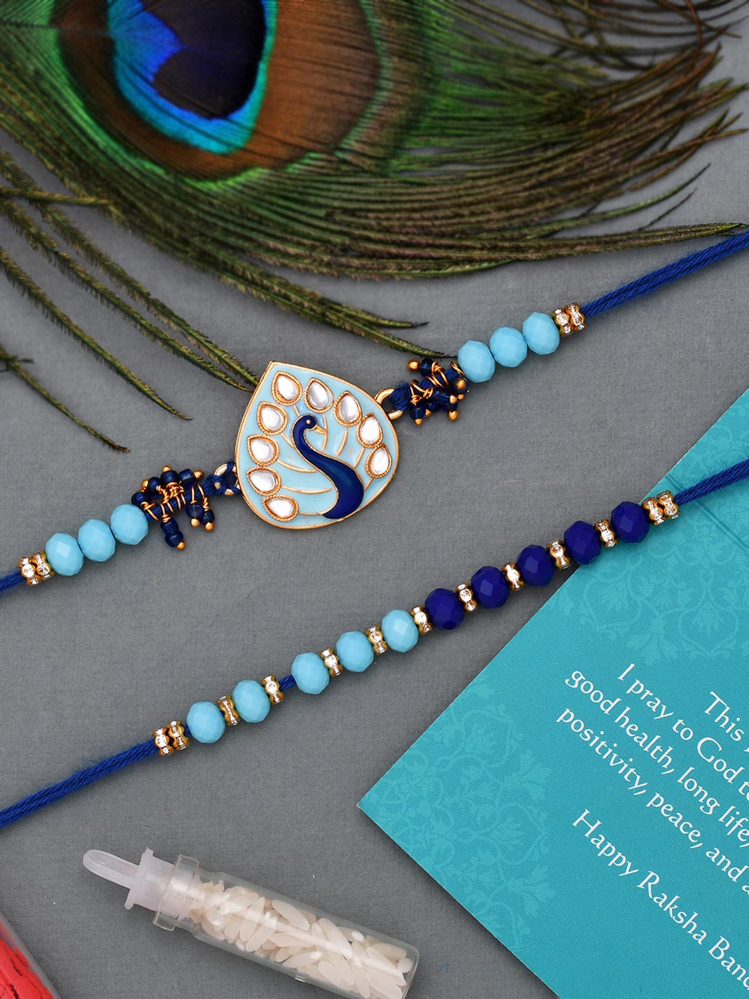 Dare by Voylla Men Set of 2 Navy Blue & Blue Beaded & Gold-Plated Peacock Pendant Rakhi
