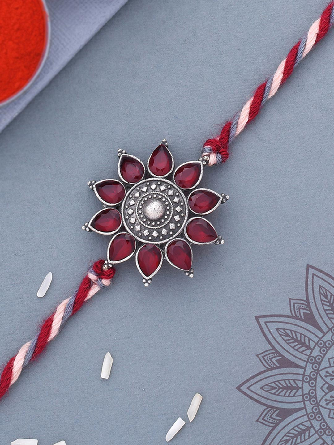 Pearl Beaded Lumba Rakhi Studded With Kundan and Red Stones | Voylla