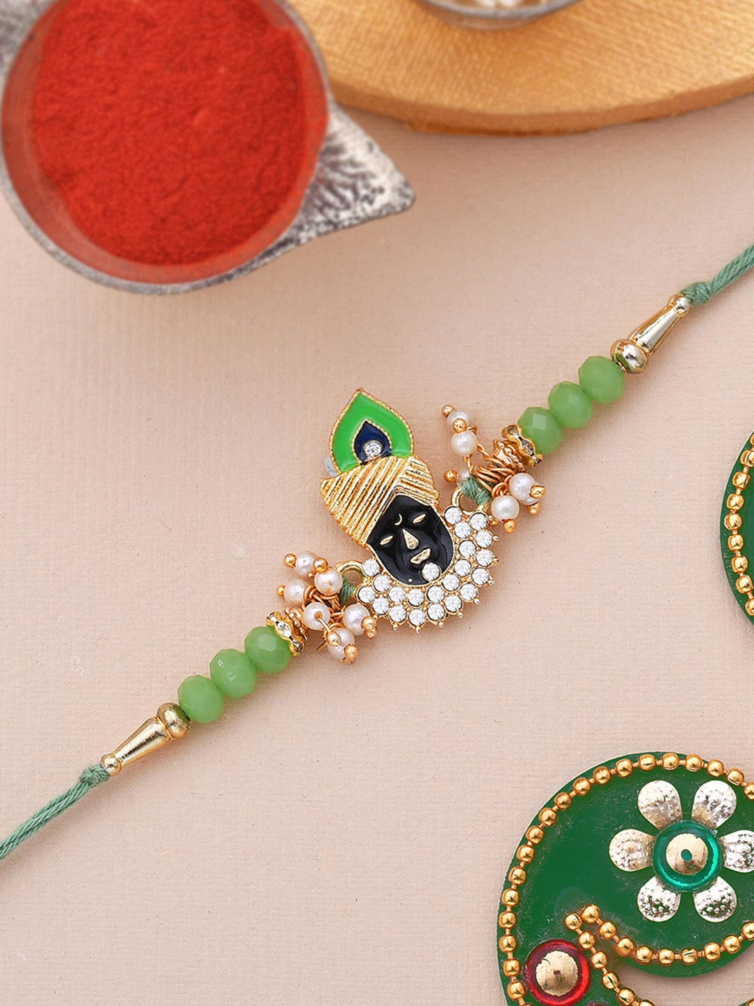 Dare by Voylla Men Gold-Toned & White Stone Studded & Beaded Lord Krishna Rakhi