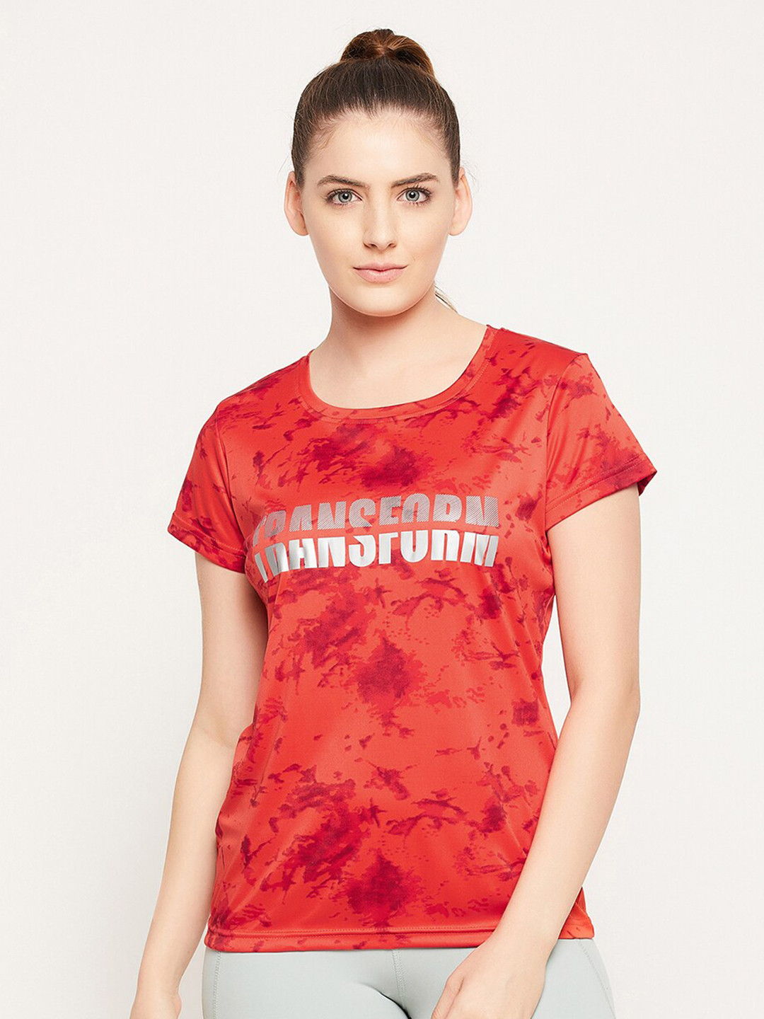 Clovia Women Red Typography Printed Extended Sleeves Slim Fit T-shirt