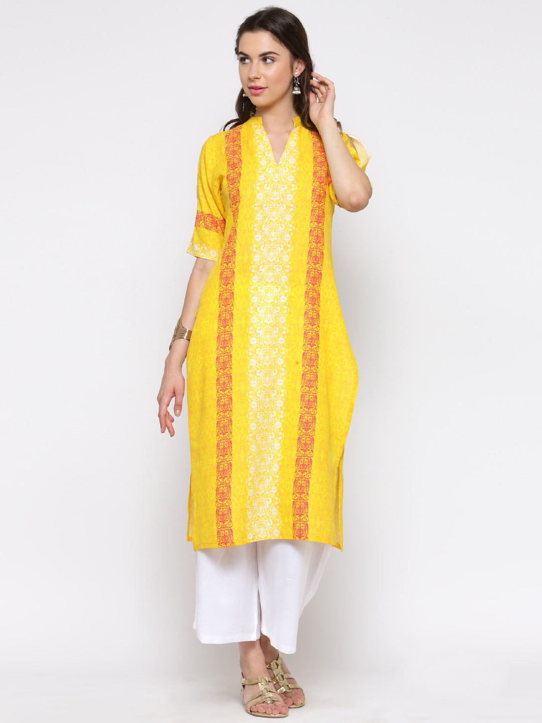 Sera Women Yellow & White Printed Kurta with Palazzos