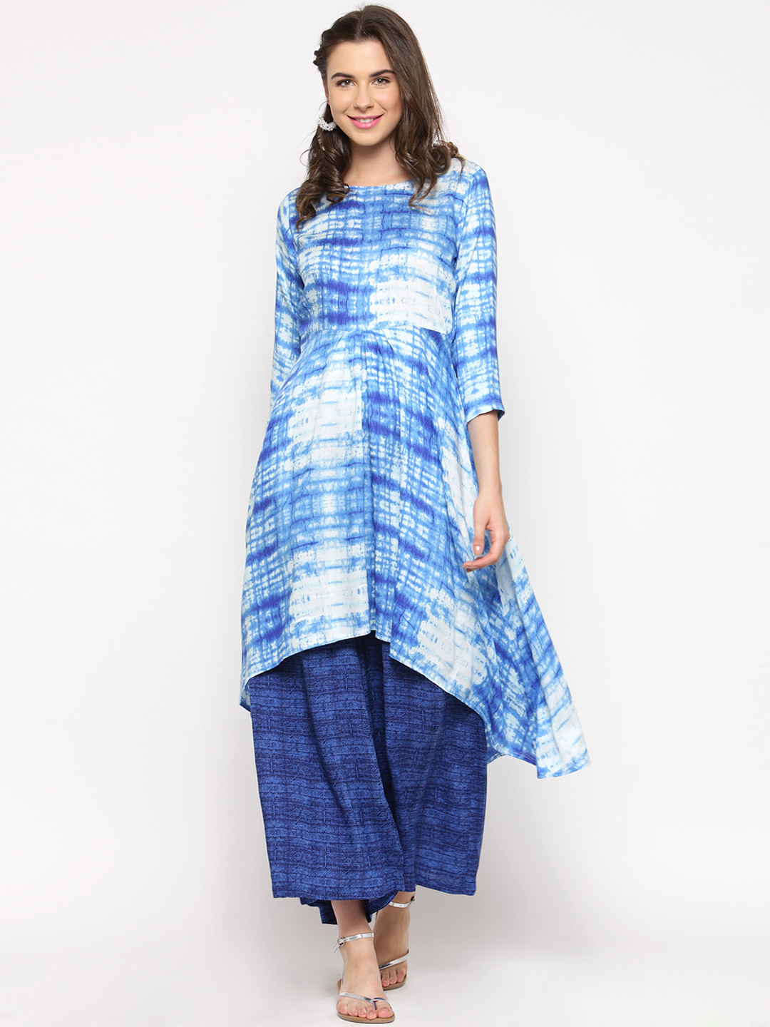 Sera Women Blue & White Tie-Dyed Kurta with Palazzos
