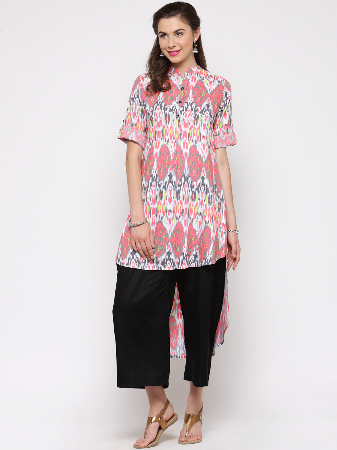 Sera Women Pink & Black Printed Kurta with Palazzos