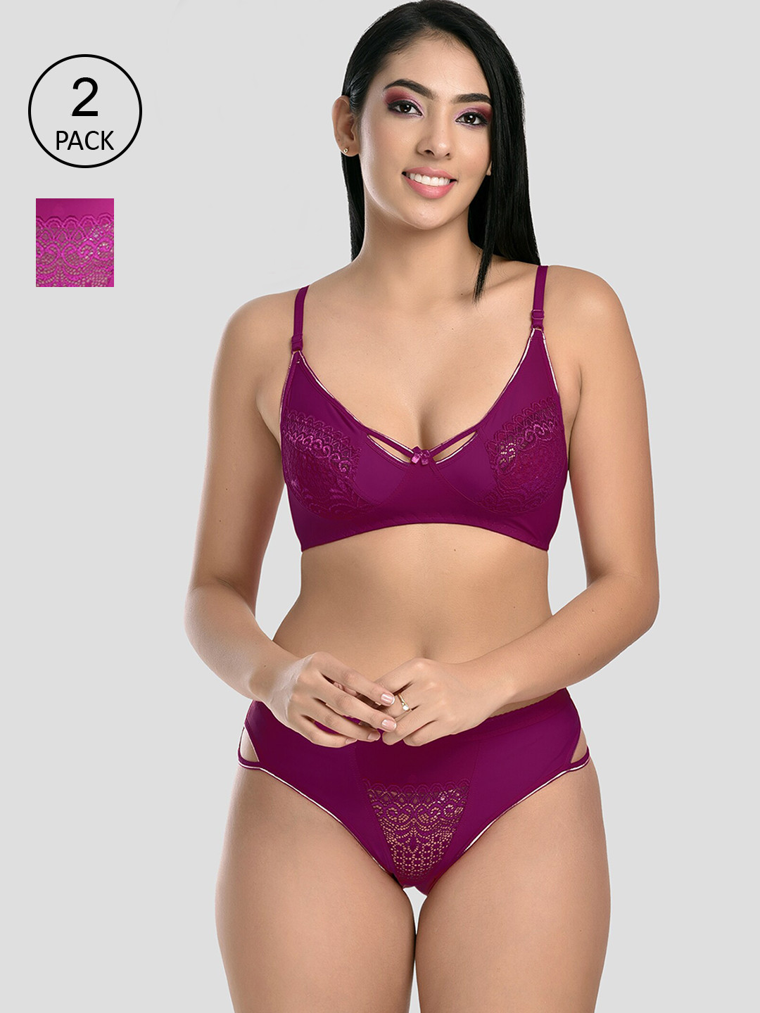 StyFun Women Pack Of 2 Self Design Lingerie Set S_Kareena_Set_2_PurpleWine_B