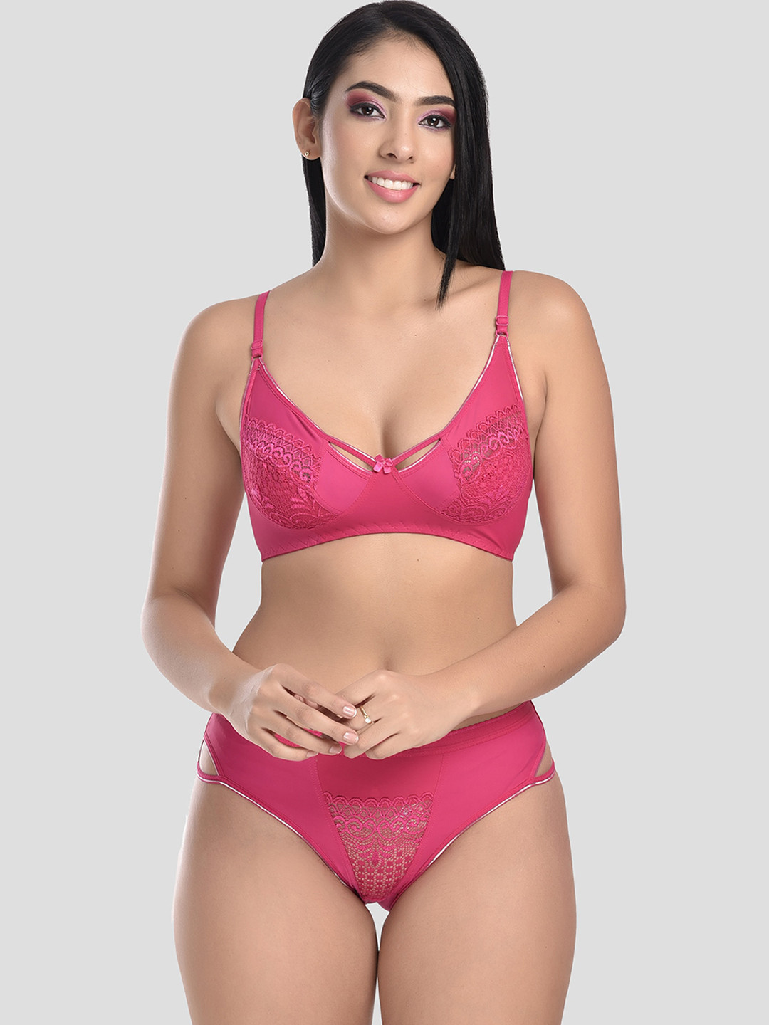 StyFun Women Pink Self Design Non-Padded Lingerie Set-S_Kareena_Set_1_Pink_B