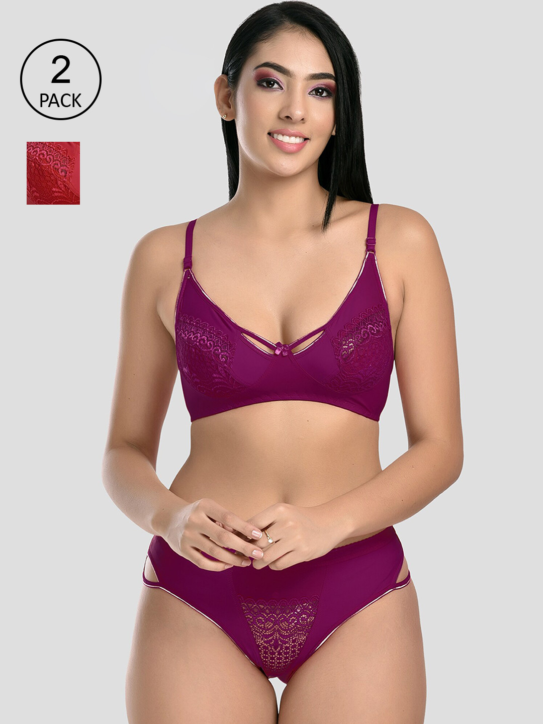 StyFun Women Maroon wine Cotton Lycra Net Bra & Panty Set Pack Of 2 Solid Lingerie Set