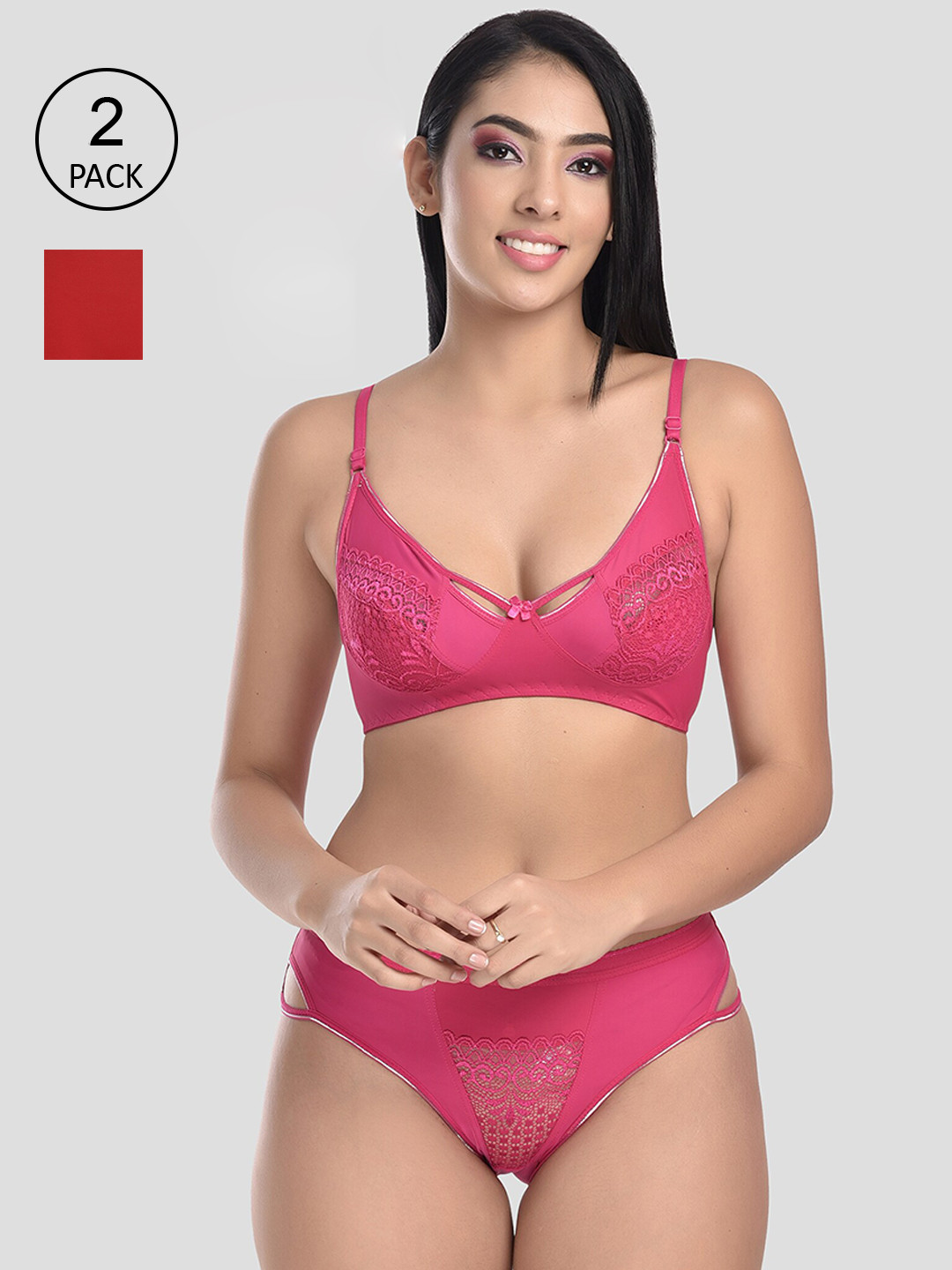 StyFun Women Pack of 2 Pink, Maroon Self Design Cotton Lycra Net Bra & Panty Lingerie Set
