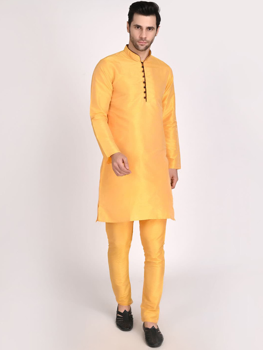 TAHVO Men Yellow Dupion Silk Kurta with Trousers
