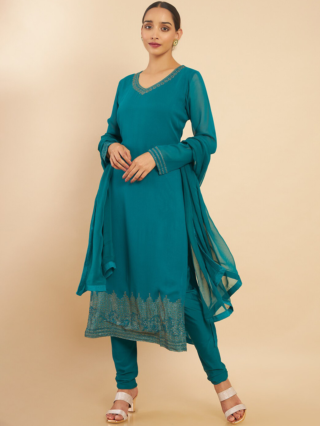 Soch Women Teal Solid V-Neck Kurta with Churidar & With Dupatta