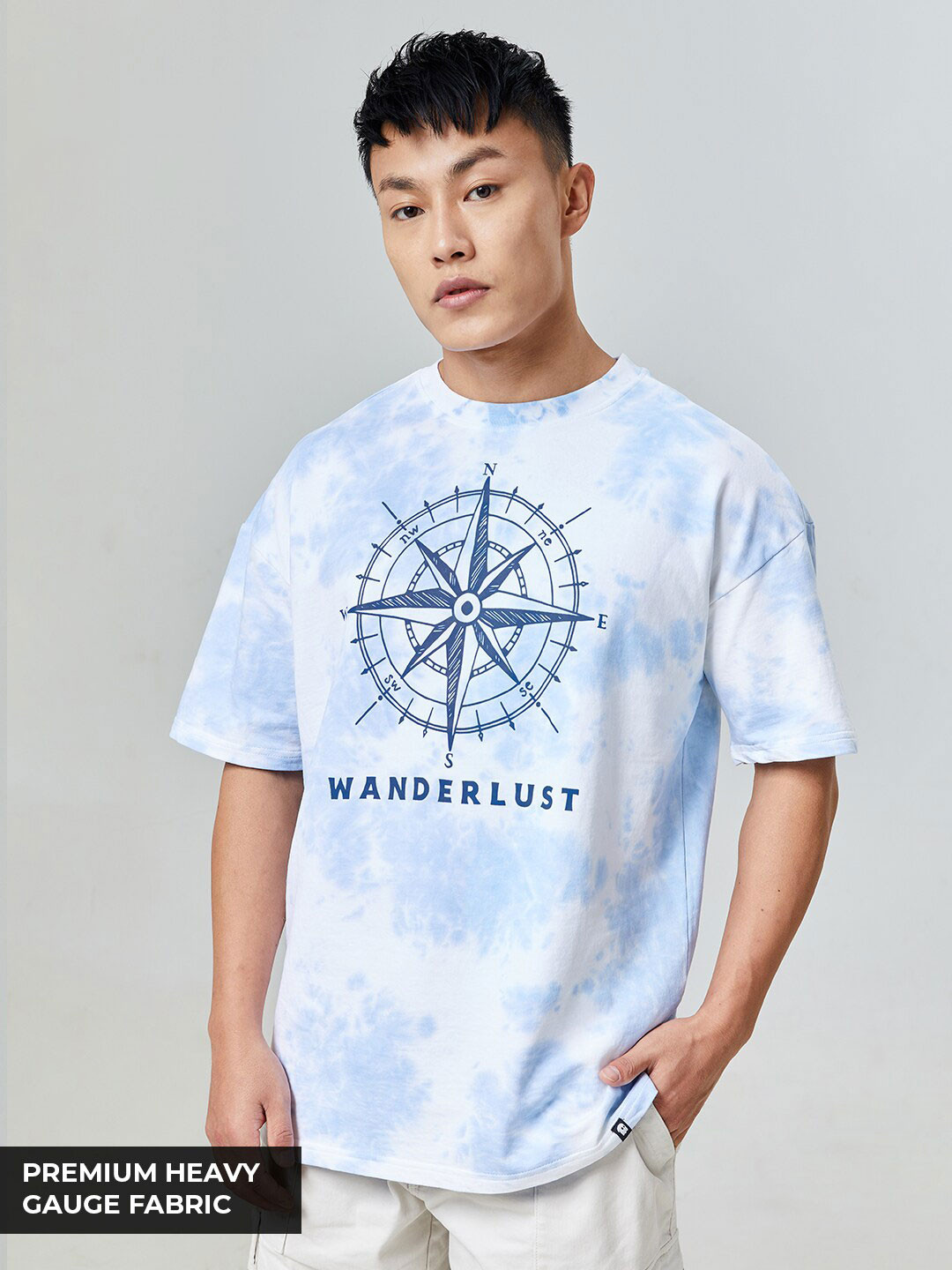 The Souled Store Men Blue & White Tie & Dye Wanderlust Print Oversized T-Shirt