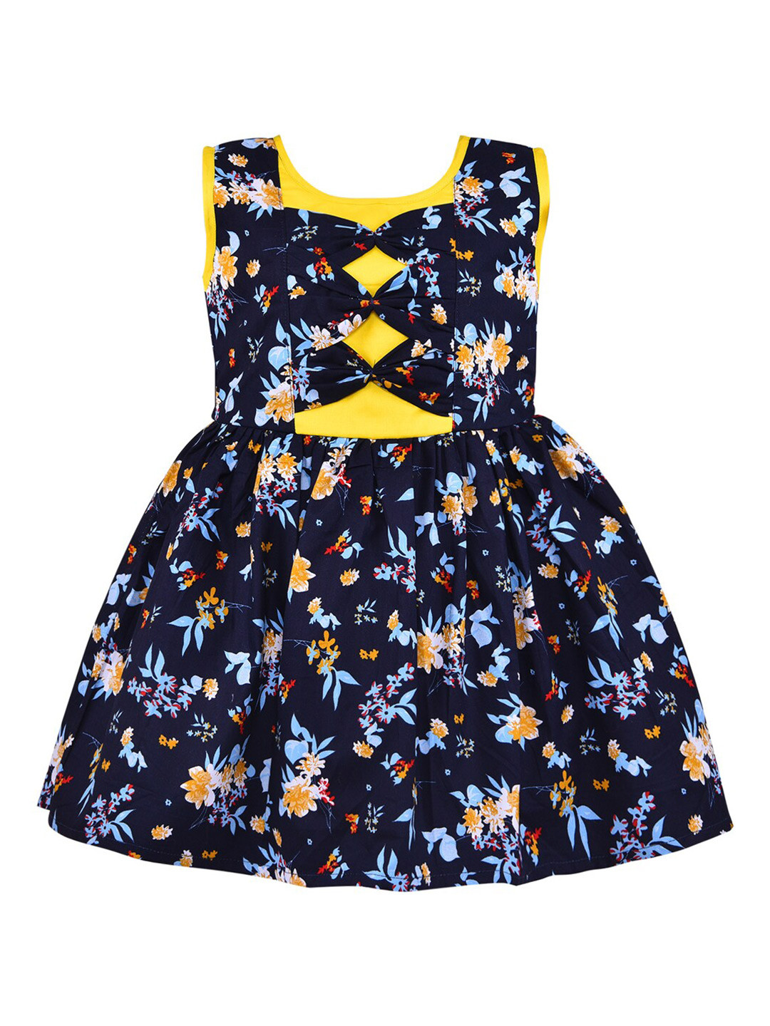 Wish Karo Girls Navy Blue & Yellow Cotton Floral Fit and Flare Dress