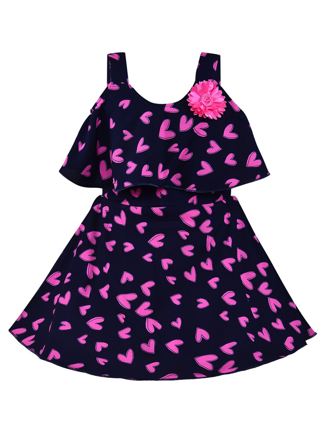 Wish Karo Girls Navy Blue & Pink Printed Fit and Flare Dress