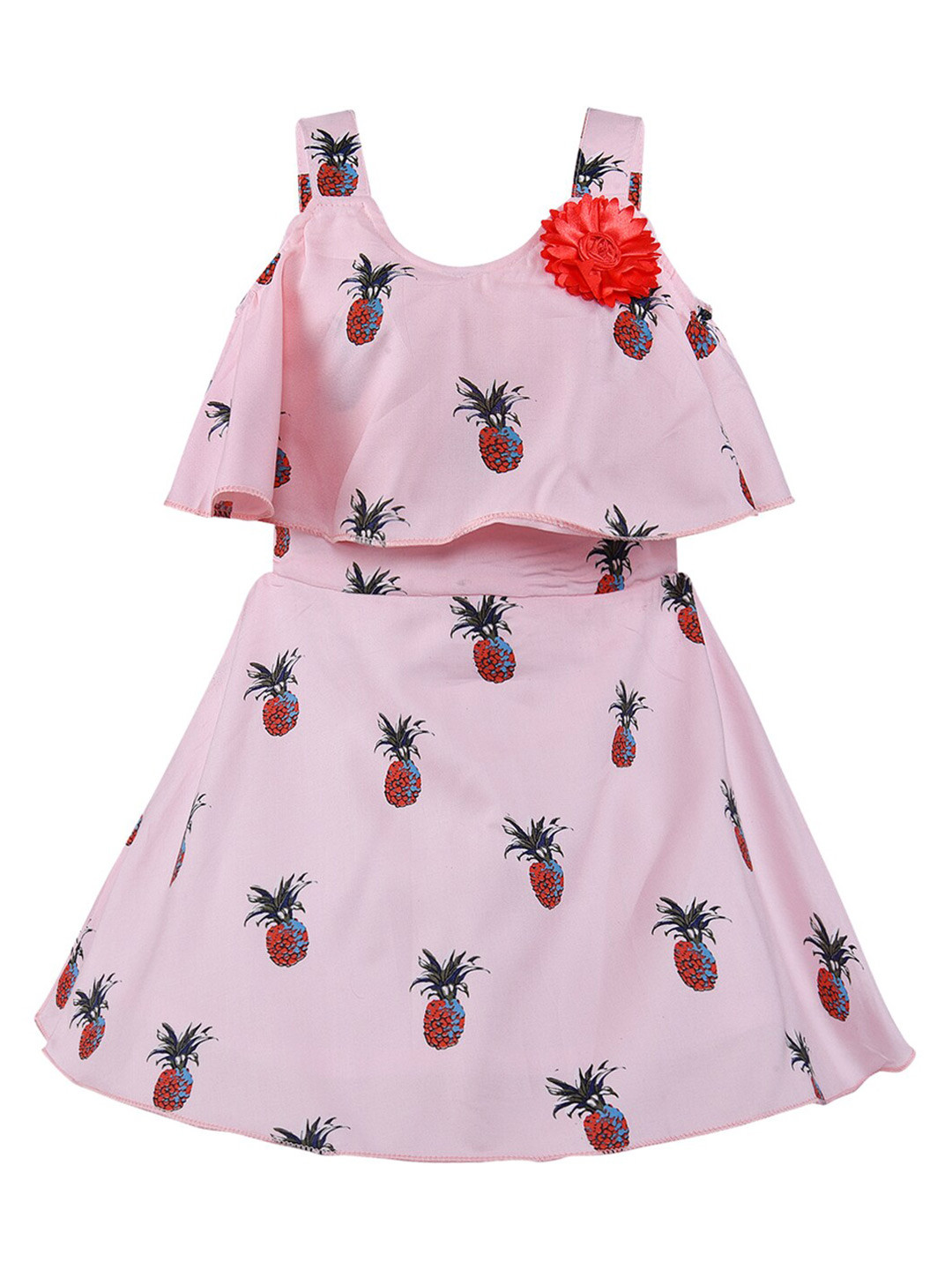 Wish Karo Kids Girls Pink Floral Layered Sleeveless  A-Line Dress