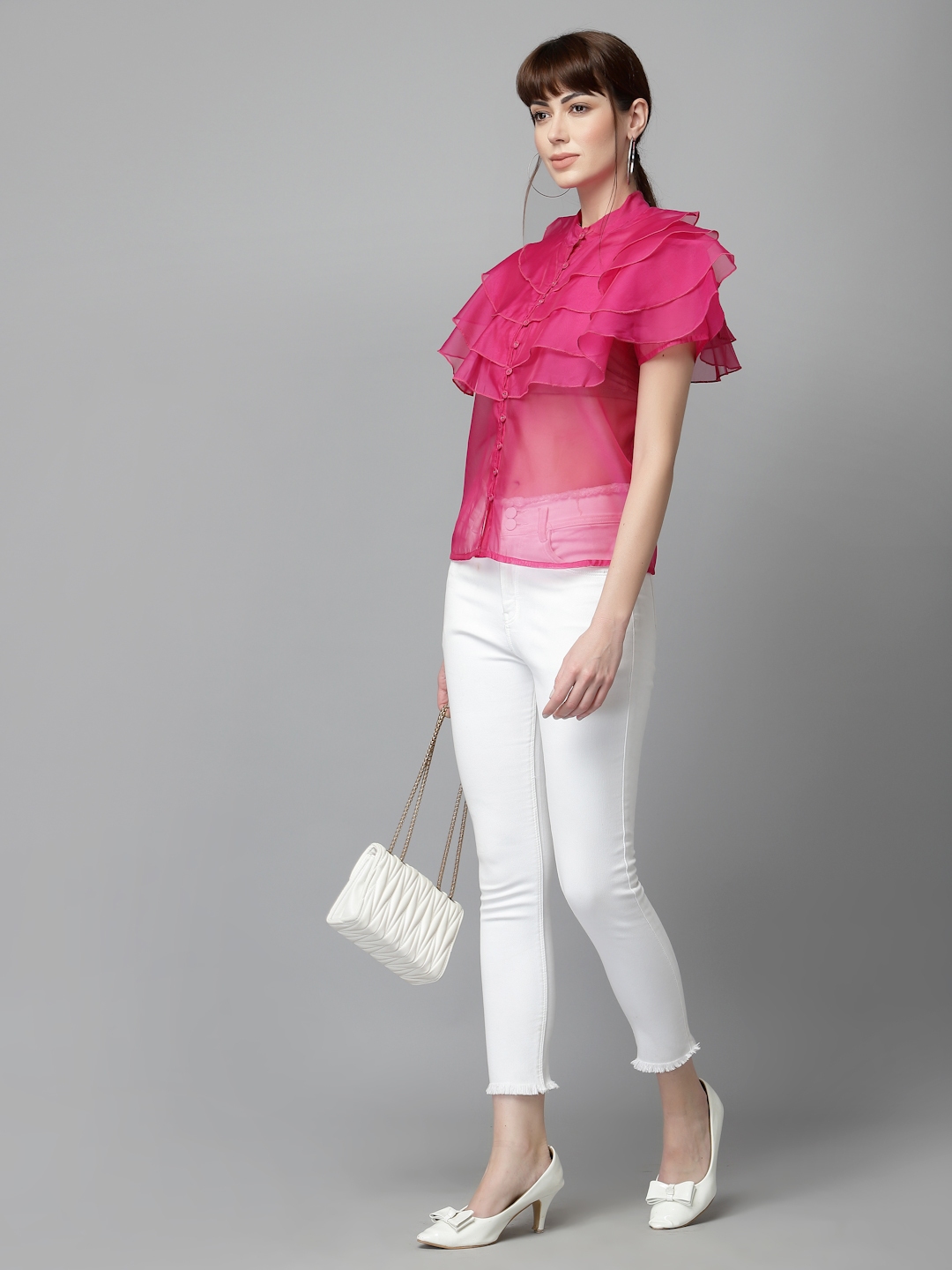 KASSUALLY Fuchsia Mandarin Collar Ruffles Shirt Style Top - Tops for Women 18944490 | Myntra
