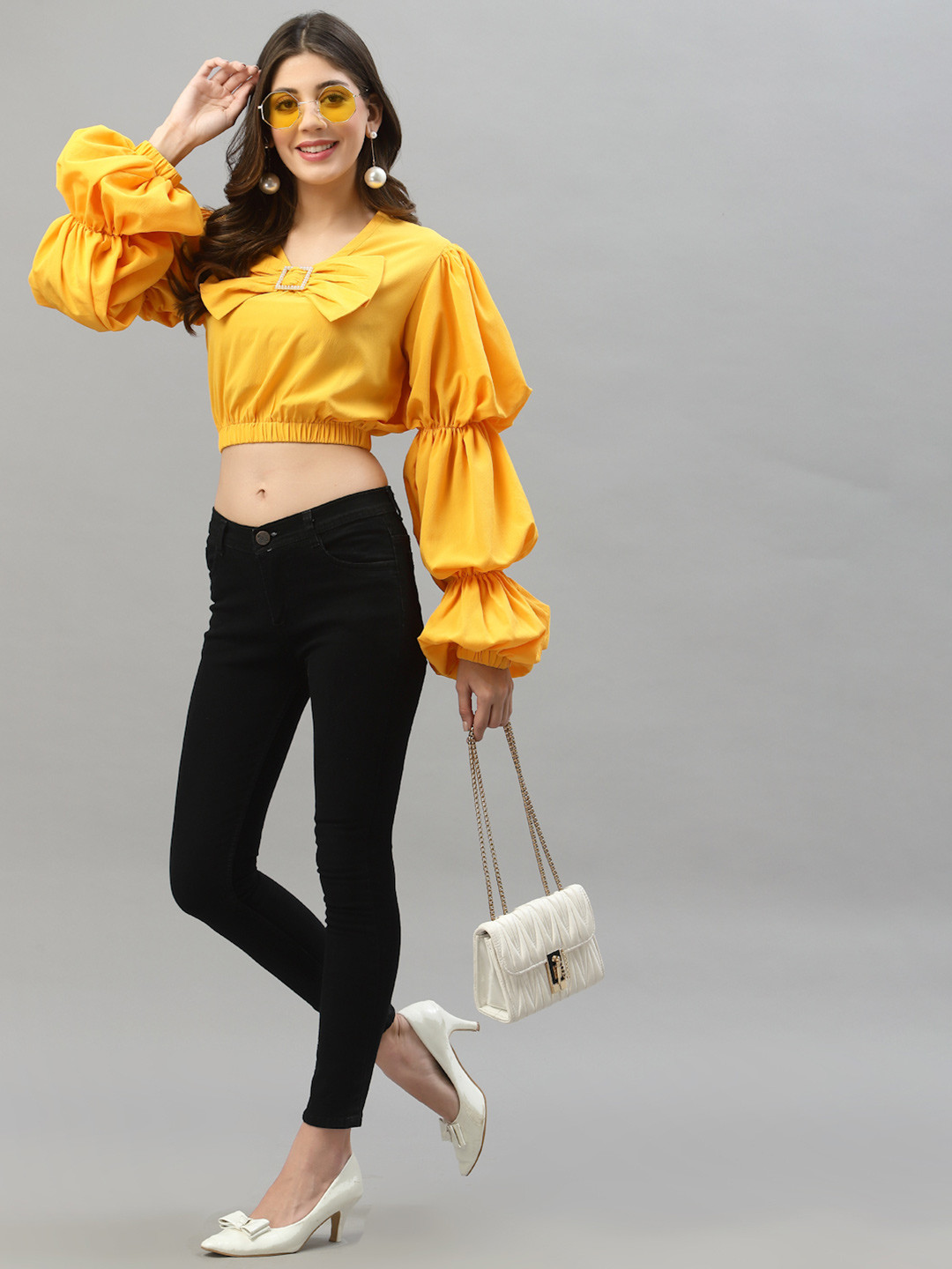 KASSUALLY Women Mustard Yellow Balloon Sleeve Crop Top