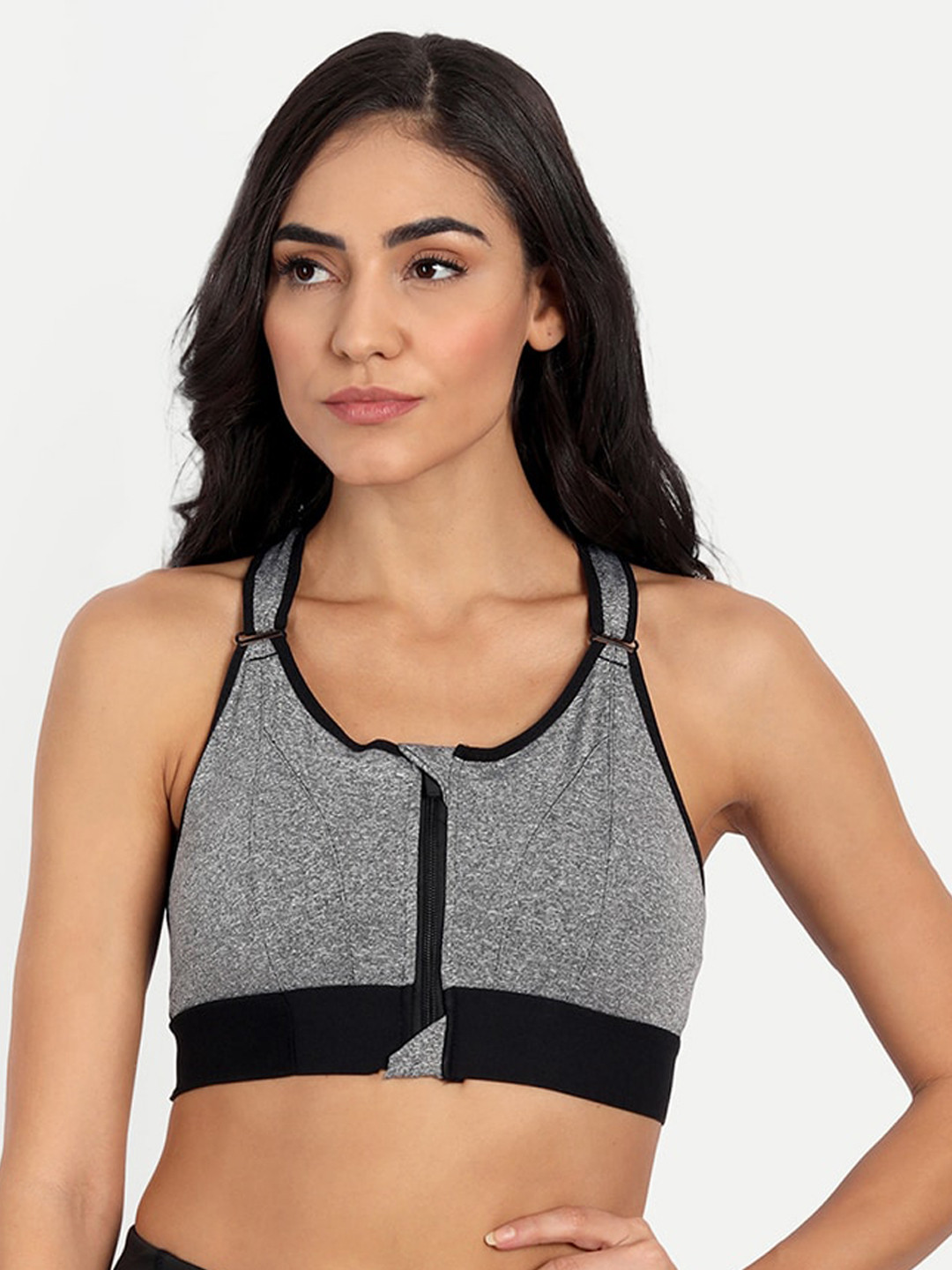 ZOOOMBERG Grey & Black Solid Push-up Sports Bra