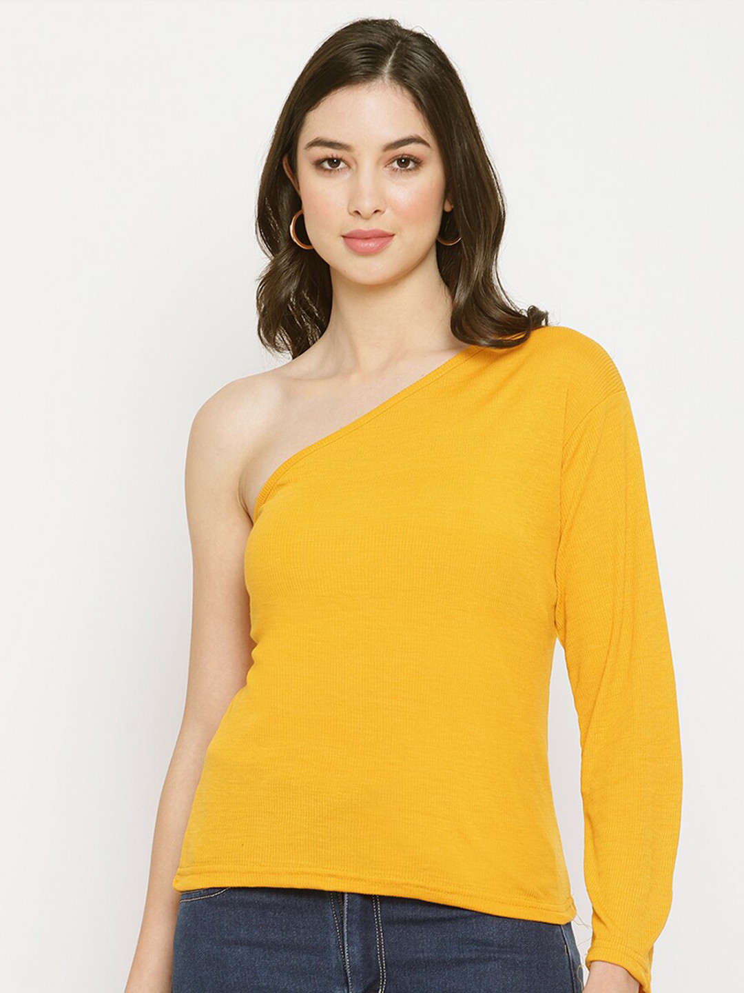 Miaz Lifestyle Mustard Yellow One Shoulder Chambray Top