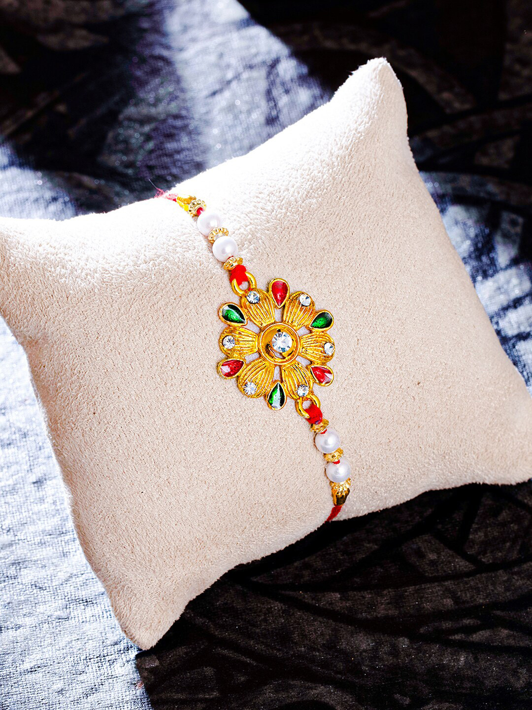 Sukkhi Rakhi Gold-Plated Red & Green Floral Rakhi with Roli Chawal & Greeting Card