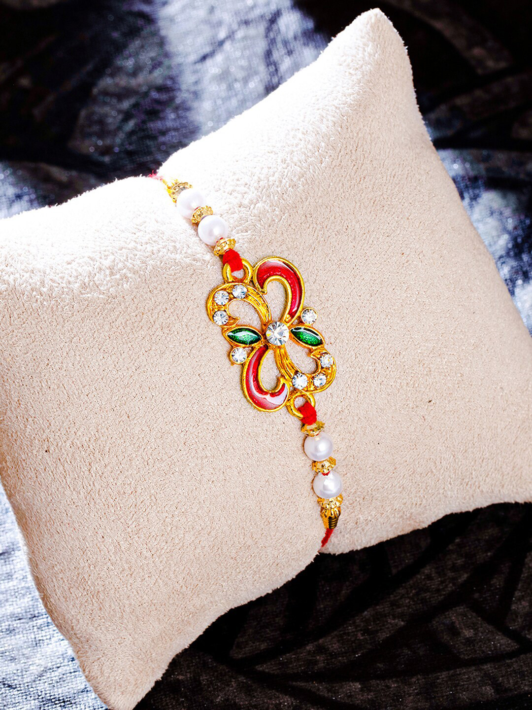 Sukkhi Rakhi Gold Plated Meenakari Rakhi with Roli Chawal & Rakhi Greeting Card