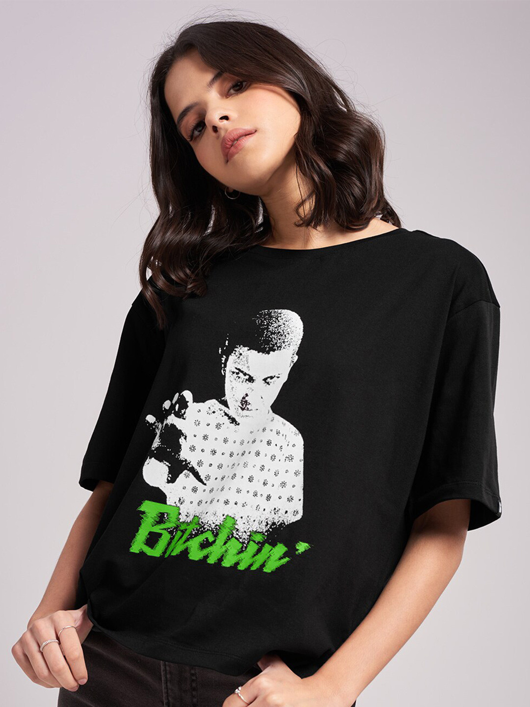 The Souled Store Women Black Stranger Things Printed Raw Edge Oversized T-shirt