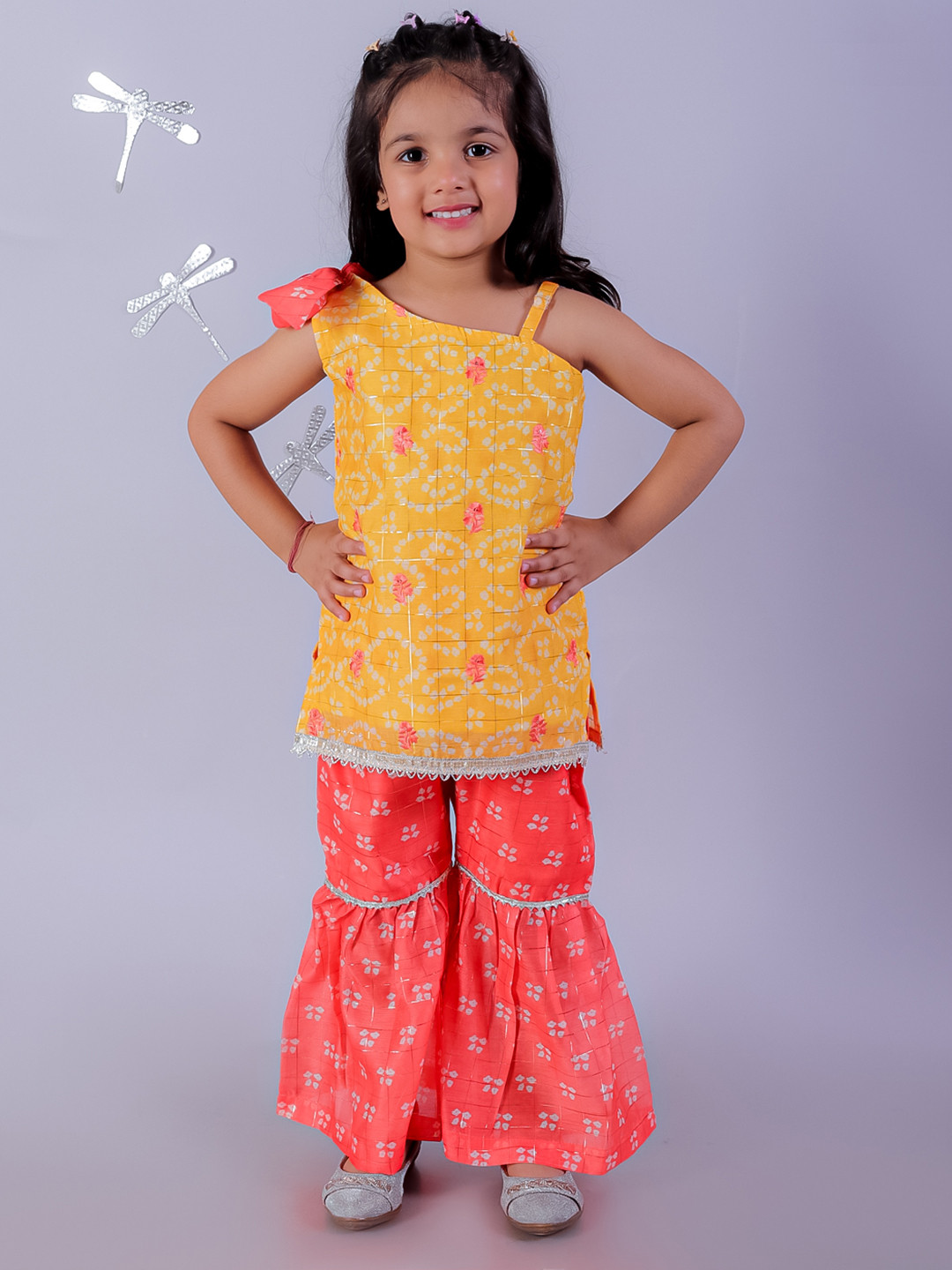 LIL DRAMA Girls Yellow Ethnic Motifs Embroidered Kurti with Sharara