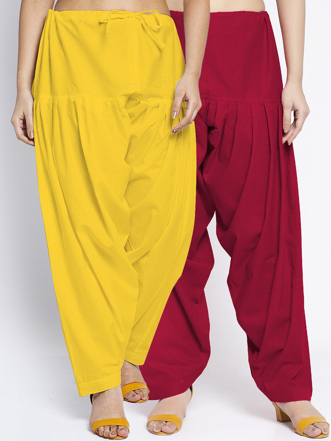 Jinfo Women Pack of 2 Yellow and Maroon Solid Cotton  Salwar