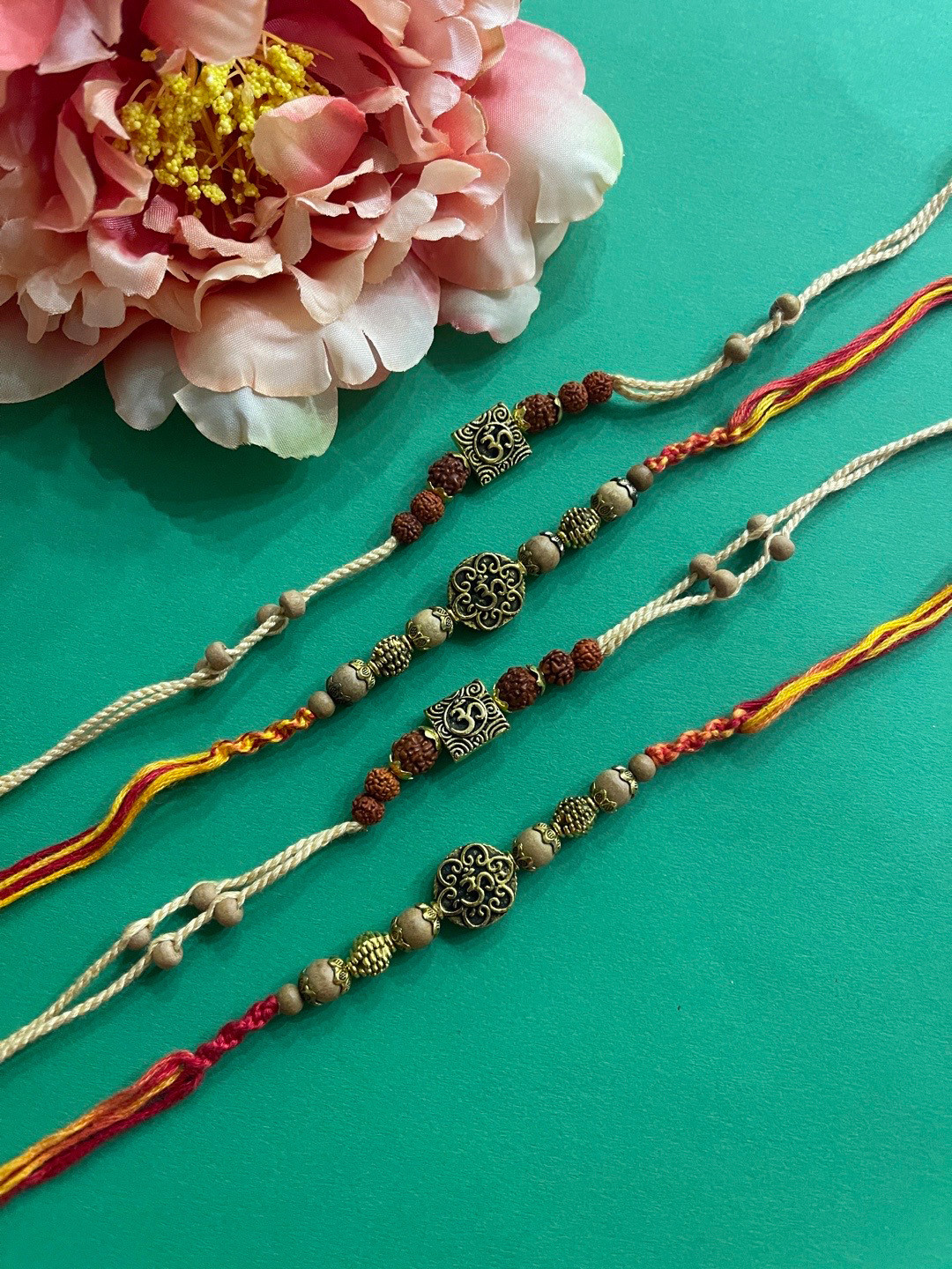 Digital Dress Room Men Set of 4 Gold-Toned Rudraksha & chandan Beaded  Rakhi