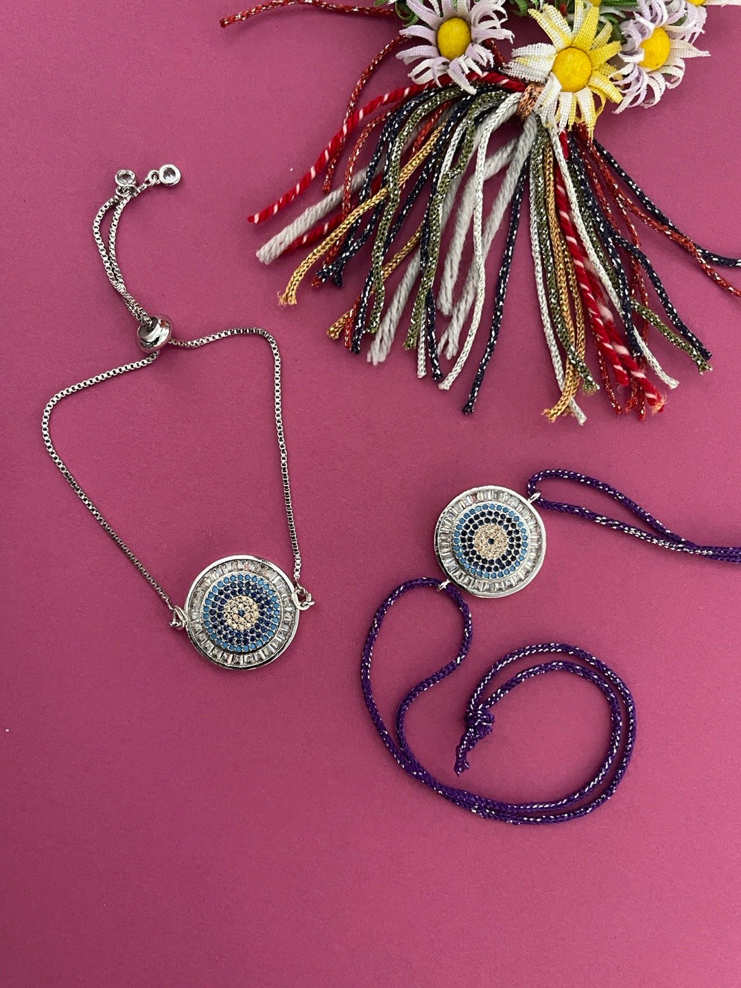 Digital Dress Room Men Silver Plated Set Of 2 Blue & Silver Toned Evil Eye Rakhi