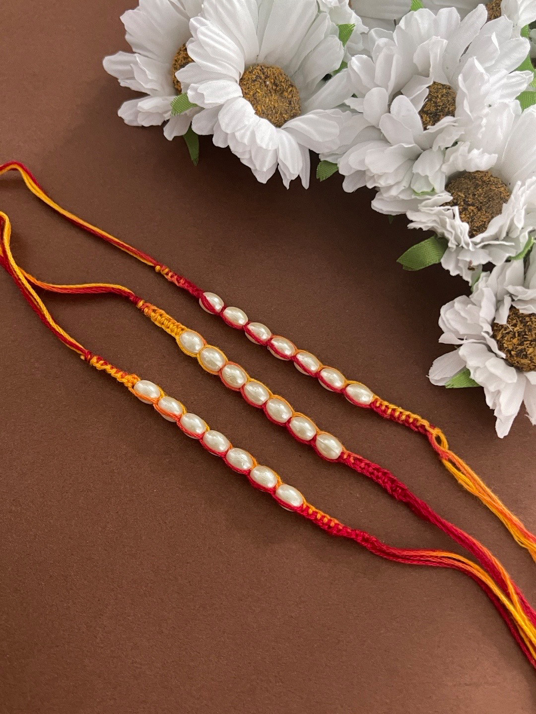 Digital Dress Room Men Set Of 3 White Pearl With Red & Yellow Mauli Thread Rakhi