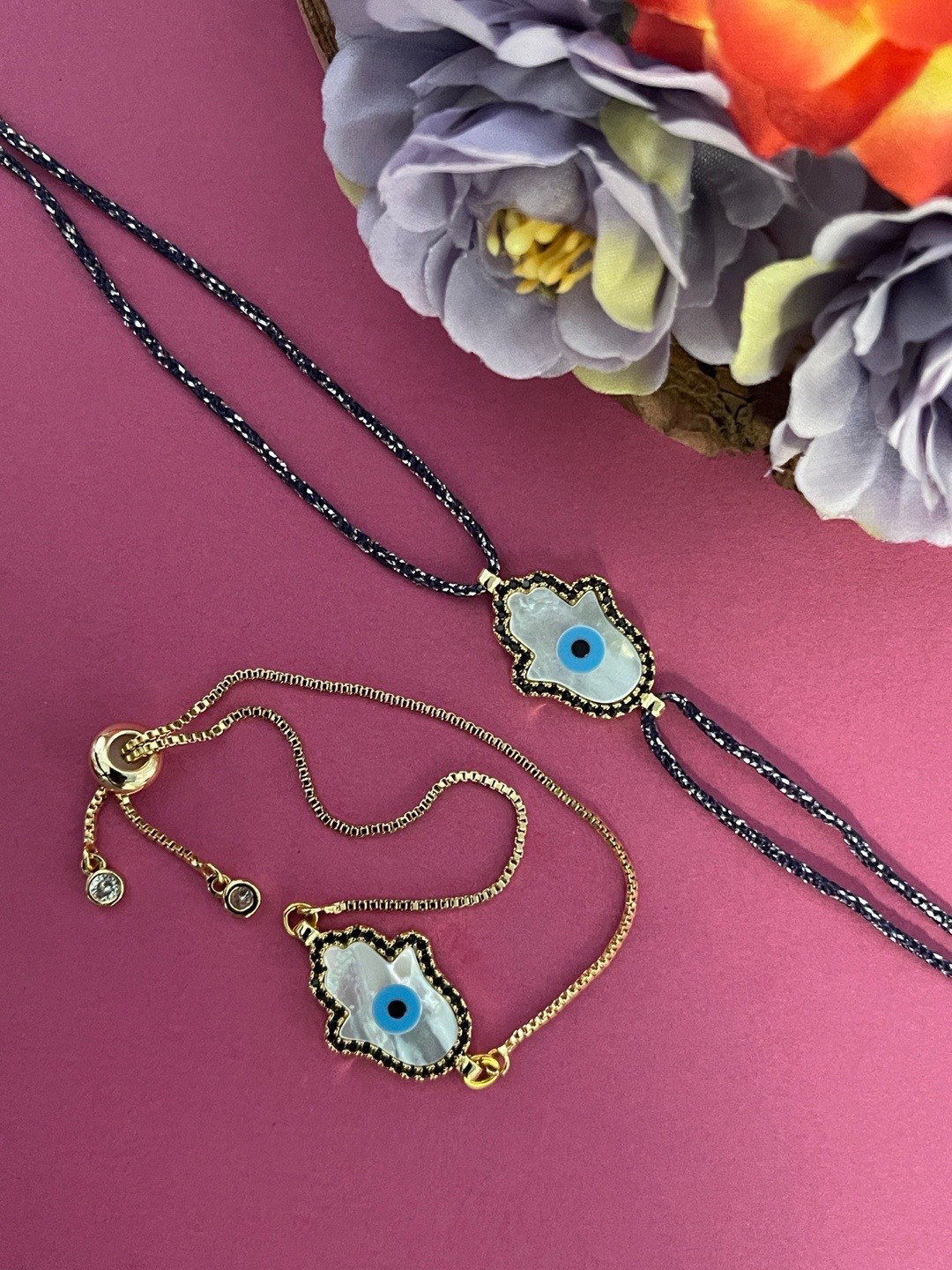 Digital Dress Room Set of 2 Gold-Toned & Black AD Evil Eye Thread Rakhi & Bracelet