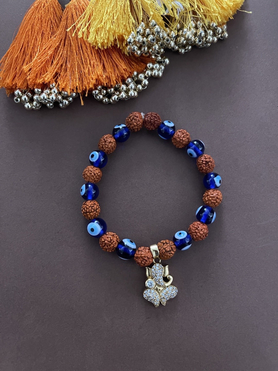 Digital Dress Room Brown & Blue Rudraksha & Evil Eye Bracelet With Ganesha Pendant Rakhi