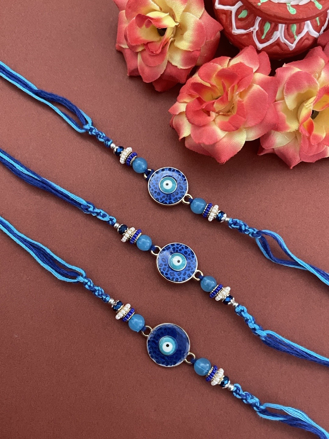 Digital Dress Room Men Set Of 3 Blue Eye Evil With Beaded  Thread Rakhi