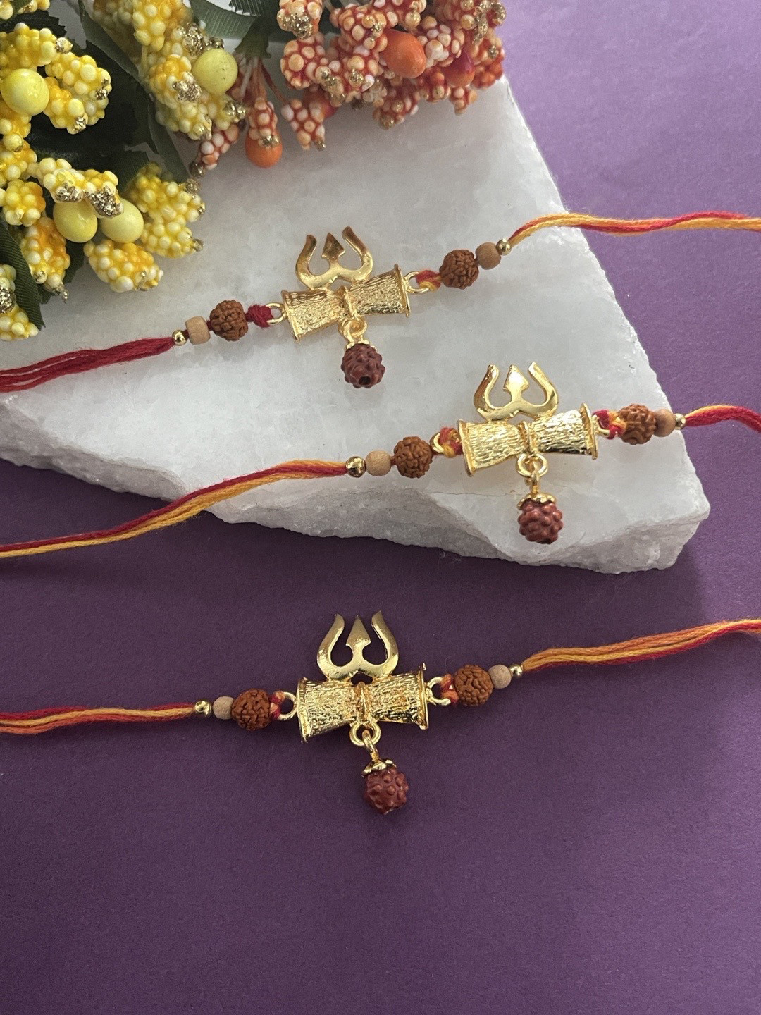 Digital Dress Room Men Set Of 3 Gold-Plated Trishul With Rudraksha Chandan Beaded