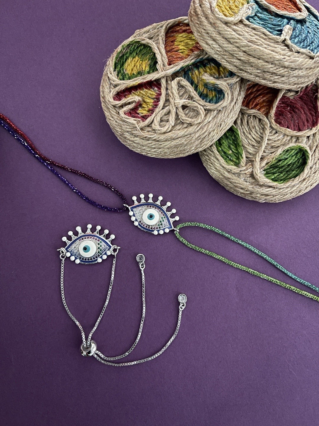 Digital Dress Room Adults Men Set Of 2 Silver-Toned & Multicolored AD-Stud Evil Eye Rakhi