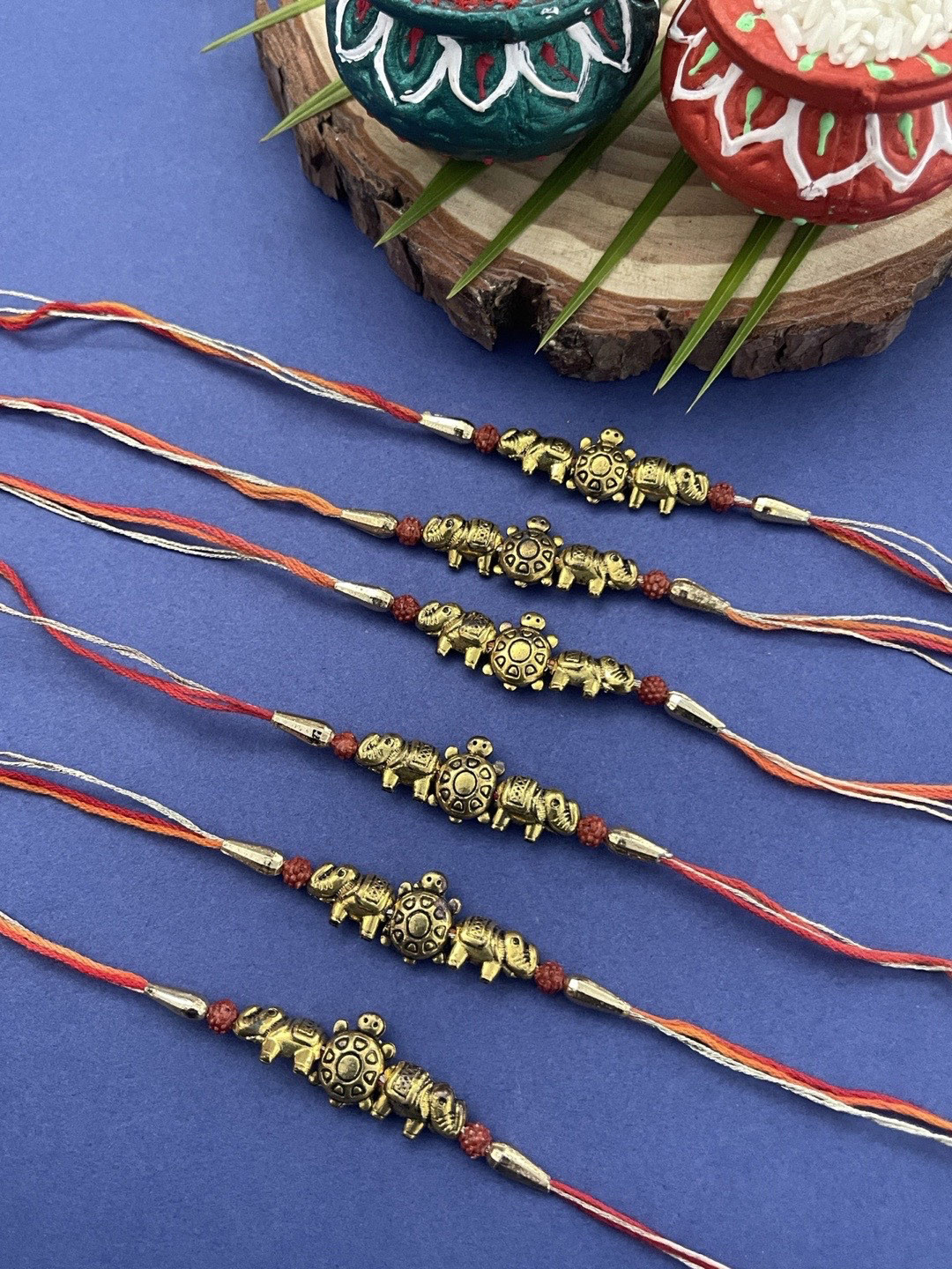 Digital Dress Room Men Set Of 6 Gold-Plated & Red Elephant & Tortoise With Thread Rakhi