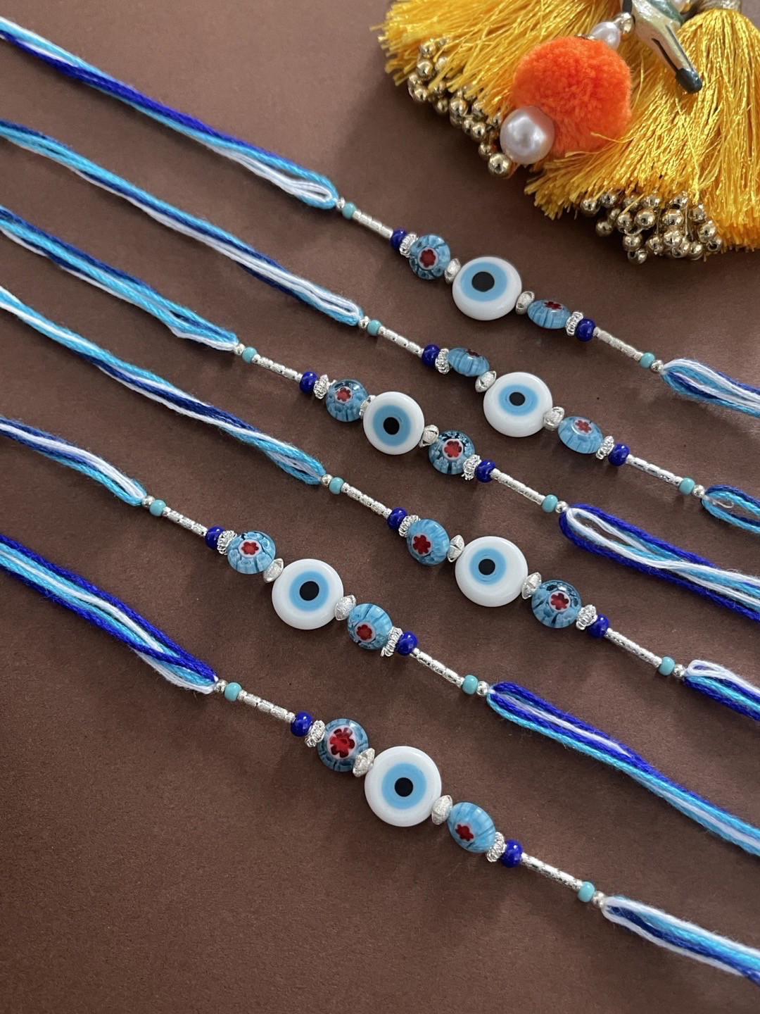 Digital Dress Room Men Set Of 6 Blue Evil Eye & Crystal Beads Thread Rakhi