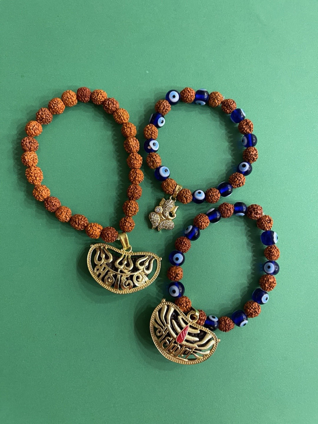 Digital Dress Room Men Set Of 3 Gold-Toned Blue & Brown Beaded Wraparound Rakhi