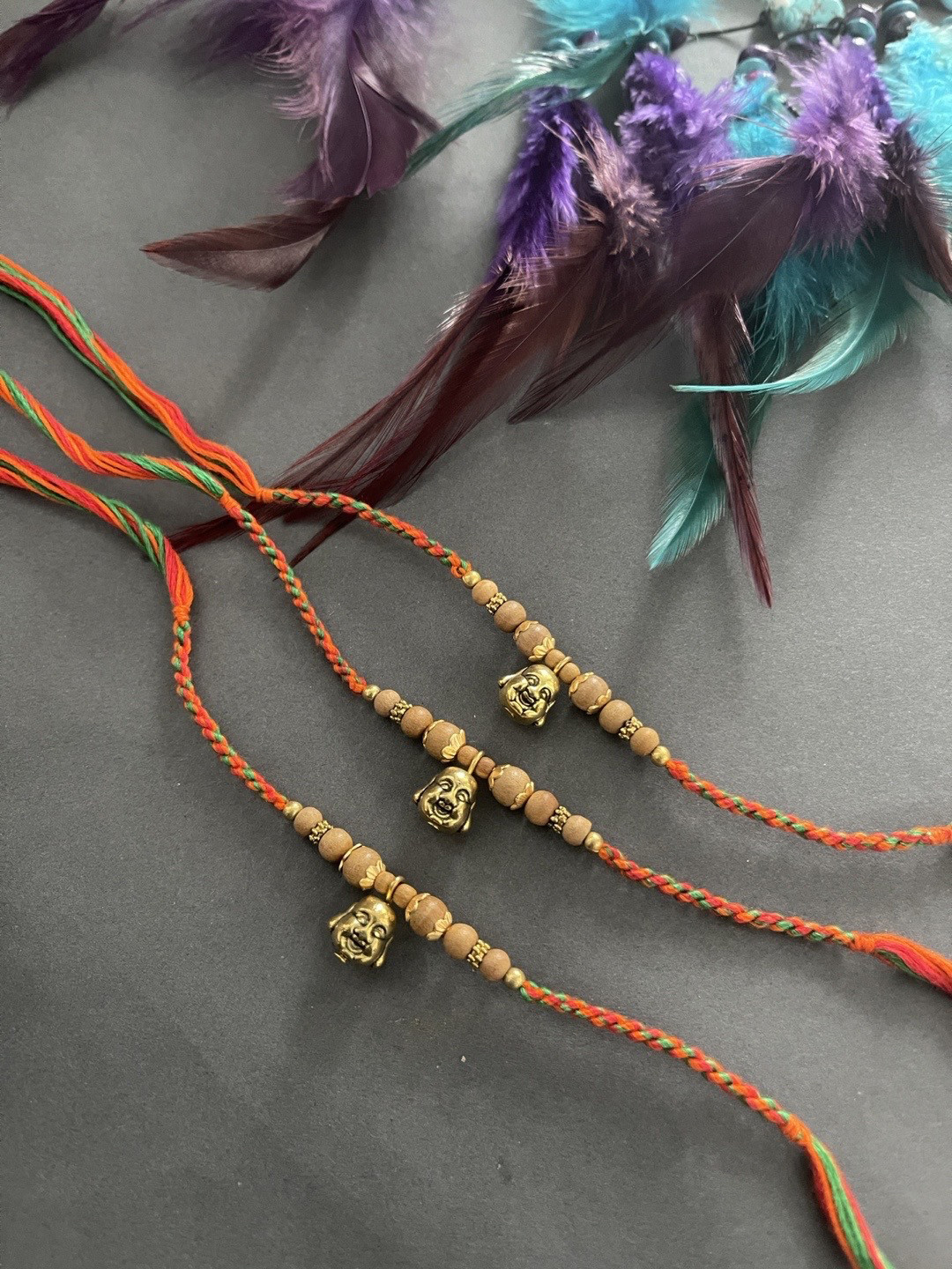 Digital Dress Room Men Set Of 3 Brown Laughing Buddha Face Thread Rakhi