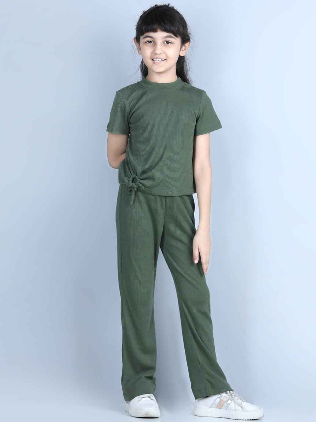 luyk Girls Olive Green Solid Ribbed Cotton Clothing Set