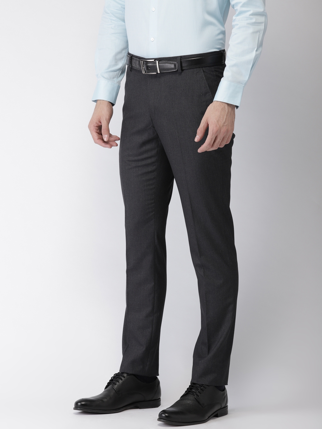 Buy Black Coffee Men Charcoal Grey Solid Formal Trousers ...