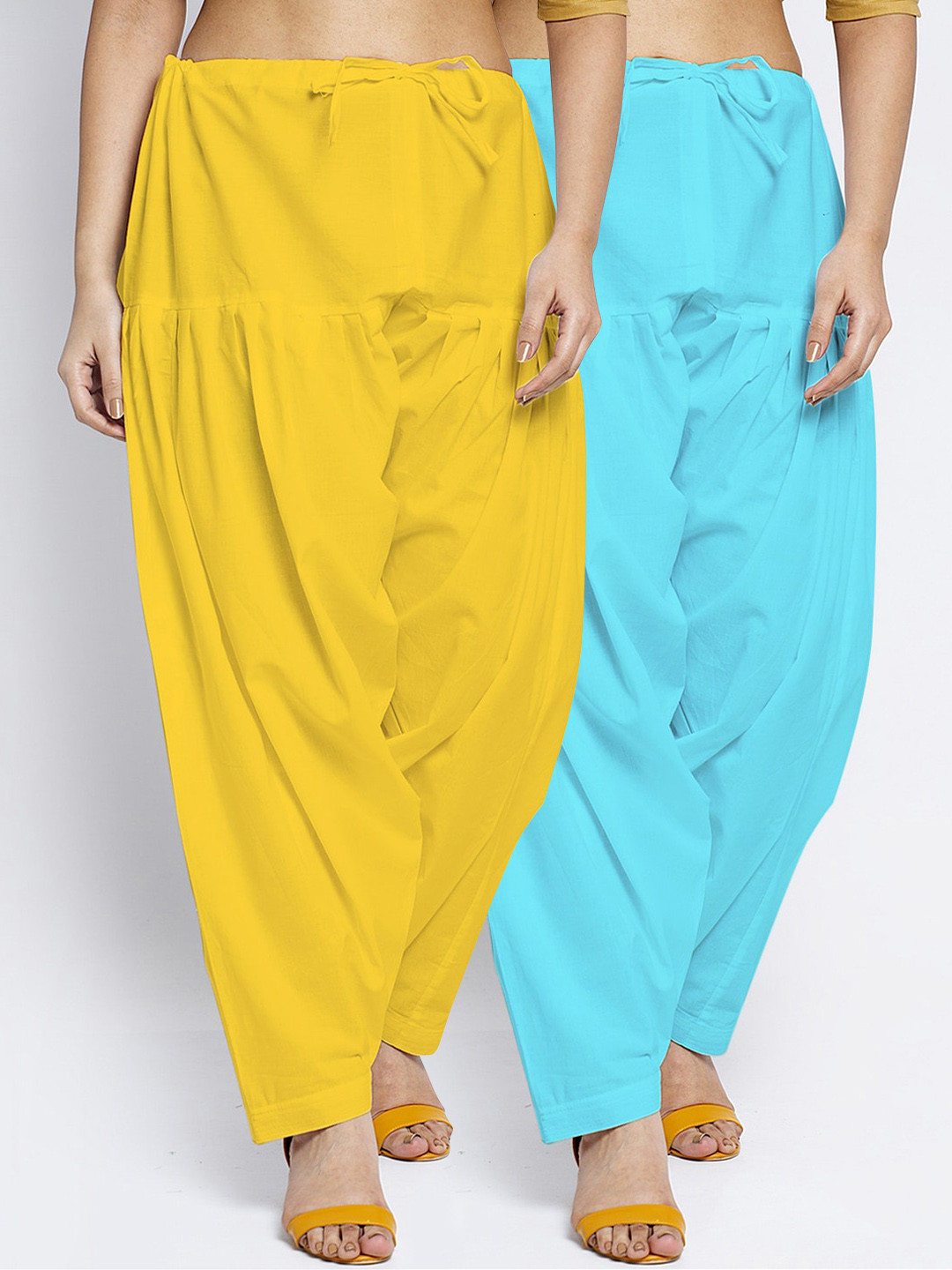 GRACIT Women Pack Of 2 Yellow and Blue Solid Pure Cotton Patiala Salwar