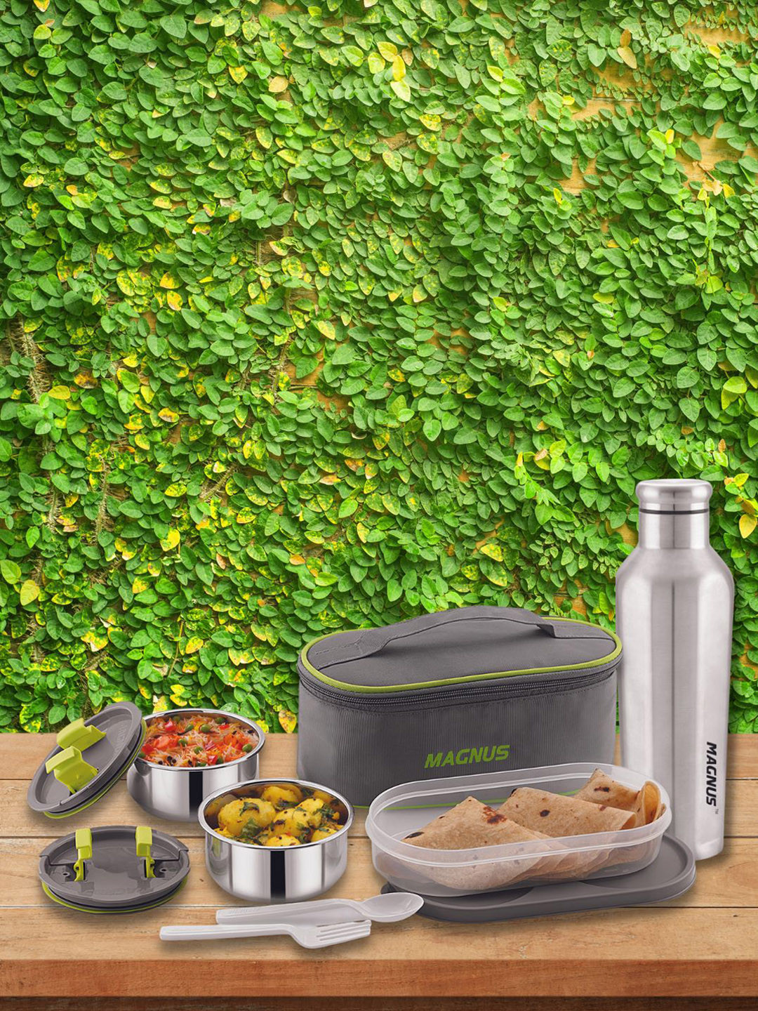 MAGNUS Grey Solid Stainless Steel Dishwasher Safe 5PCs Lunch Box With Spoon and Fork
