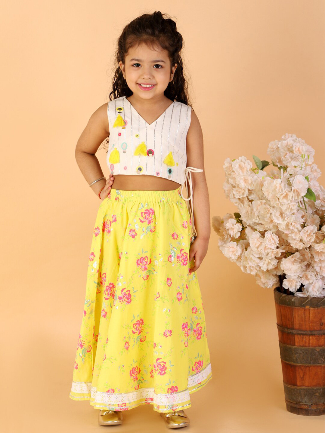 LIL DRAMA Girls Yellow & White Embellished Mirror Work Ready to Wear Lehenga