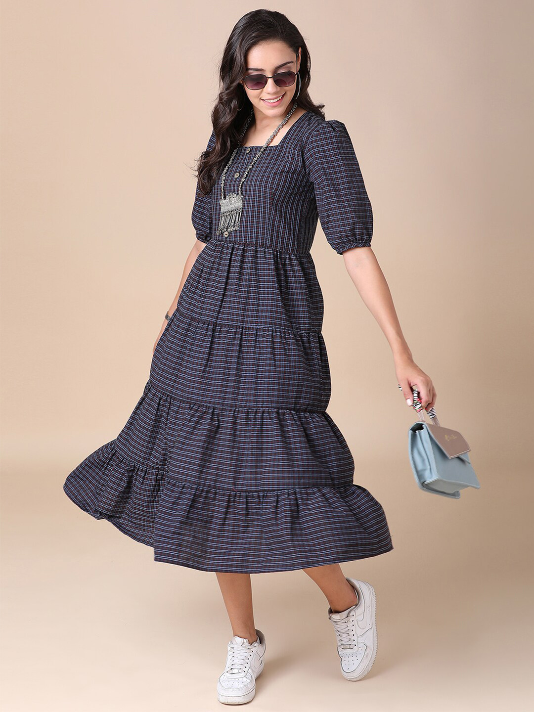 J Turritopsis Navy Blue Ethnic Motifs A-Line Midi Dress